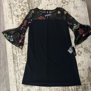 AGB Black Dress with Embroidery and Bell Sleeves